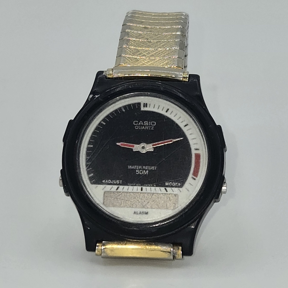 Casio Quartz Analog Digital Watch‎ Water Resist 50M Alarm Black Gold Parts Only